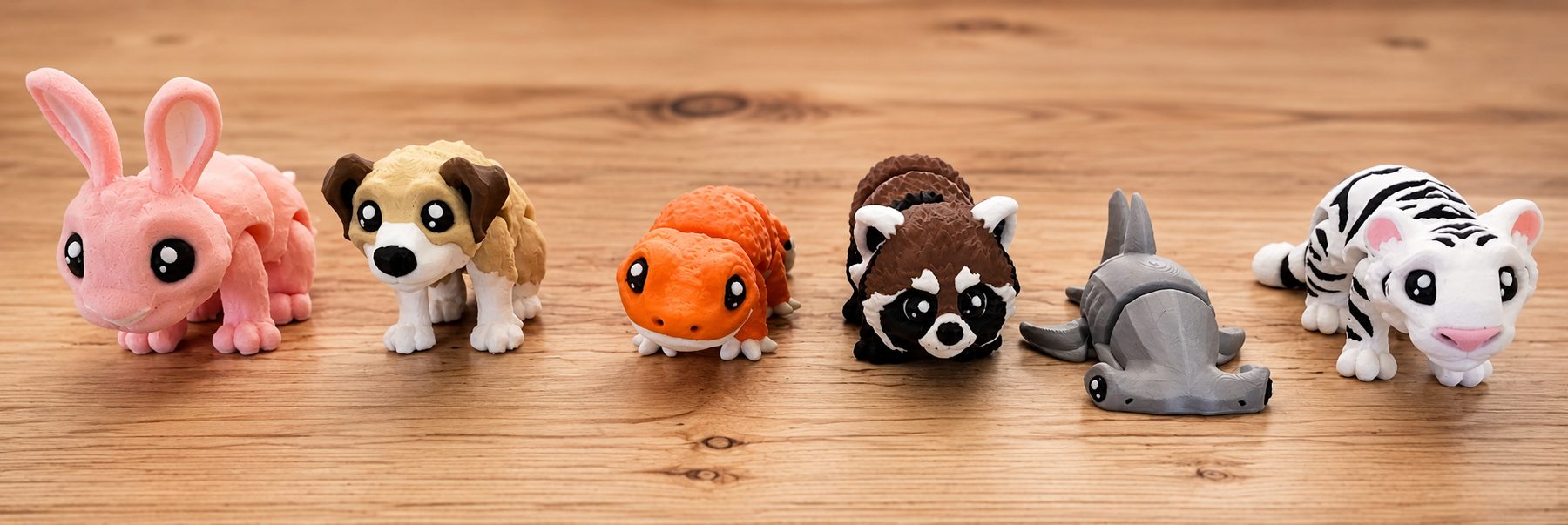A lineup of Spectro3D full-colour 3D printed animal figures on a wooden surface