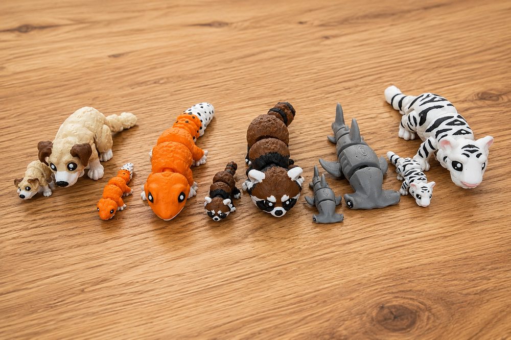 A row of Spectro3D full-colour 3D printed animal figures viewed from above