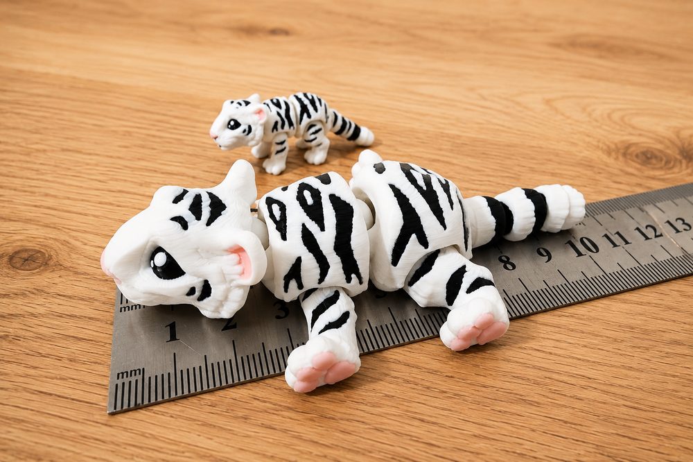 Full-colour 3D printed white tiger cub figure measured against a ruler